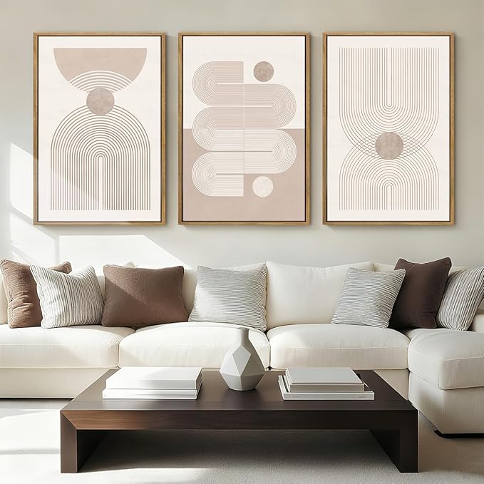 Anyzal Extra Large Boho Abstract Wall Art 24x36 Inch Framed Minimalist Neutral Canvas Wall Decor Pink White Modern Artwork for Living Room Bedroom Office Set of 3