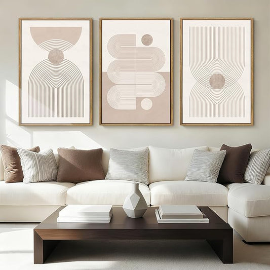 Anyzal Extra Large Boho Abstract Wall Art 24x36 Inch Framed Minimalist Neutral Canvas Wall Decor Pink White Modern Artwork for Living Room Bedroom Office Set of 3