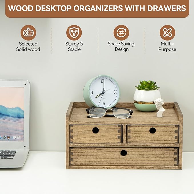 KIRIGEN Desk Organizer with Drawers - Wood Drawer Storage Box with Trays for Tabletop - Workspace Office Toiletries Supplies Tool Caddy - Wooden Storage Cabinet Dark Brown（DT2D3C-DBR）