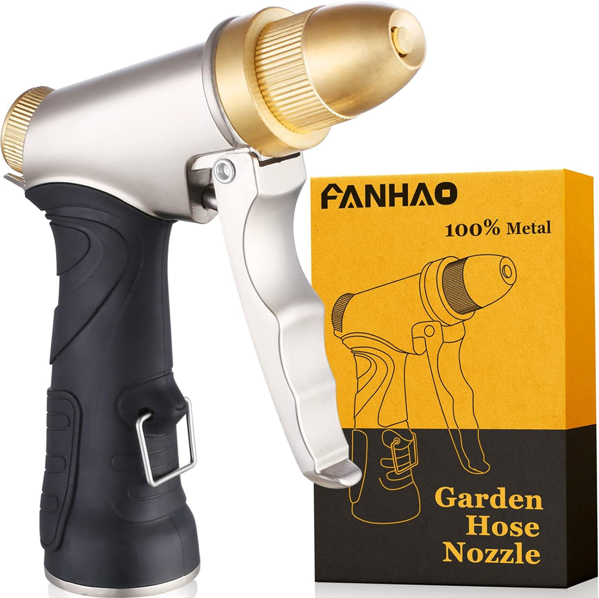 FANHAO Garden Hose Nozzle, 100% Heavy Duty Metal Spray Nozzle High Pressure Water Nozzle with 4 Patterns for Watering Garden, Washing Cars and Showering Pets - Full Brass Nozzle + ABS Non-Slip Grip