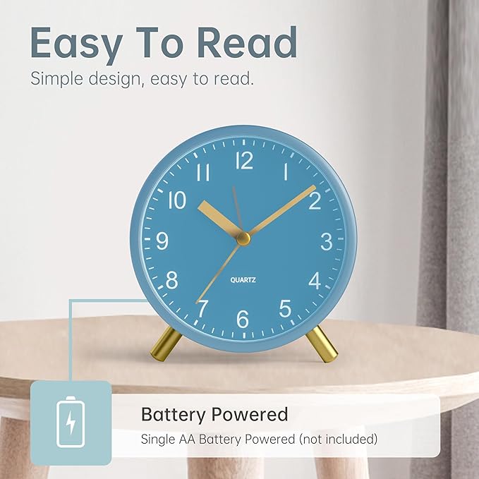 Analog Alarm Clock, 4 inch Super Silent Non Ticking Small Clock with Night Light, Battery Operated, Simple Design, easy setting for Office, Bedroom, Bedside, Desk, teens, elders, kids, adult, Skyblue