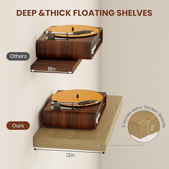 Vivelove 12 Inch Deep Floating Shelves 12 inch Long, 2 Inch Thick Wall Shelves