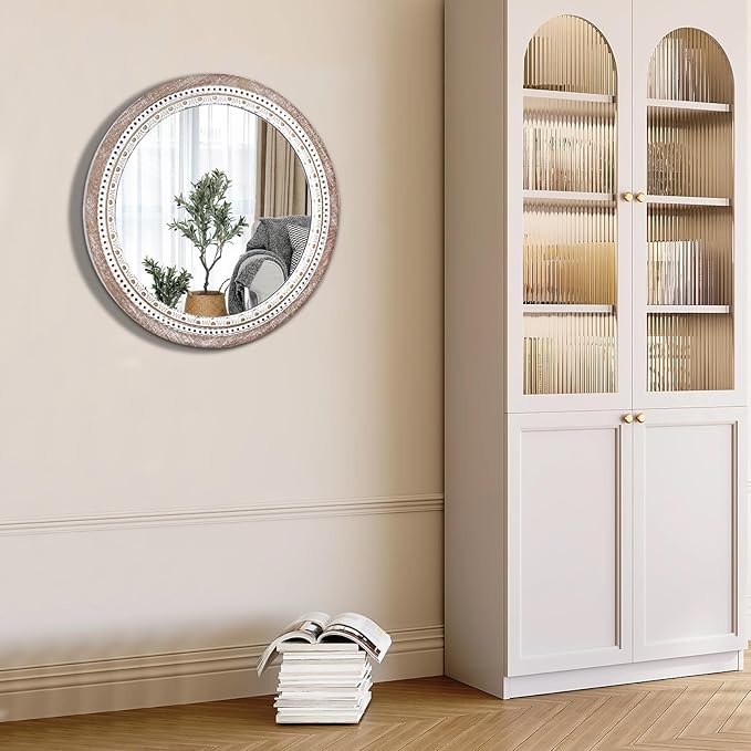 Reflinto 30 Inch Rustic Farmhouse Round Wood Mirror Wall Decor, Boho Circle