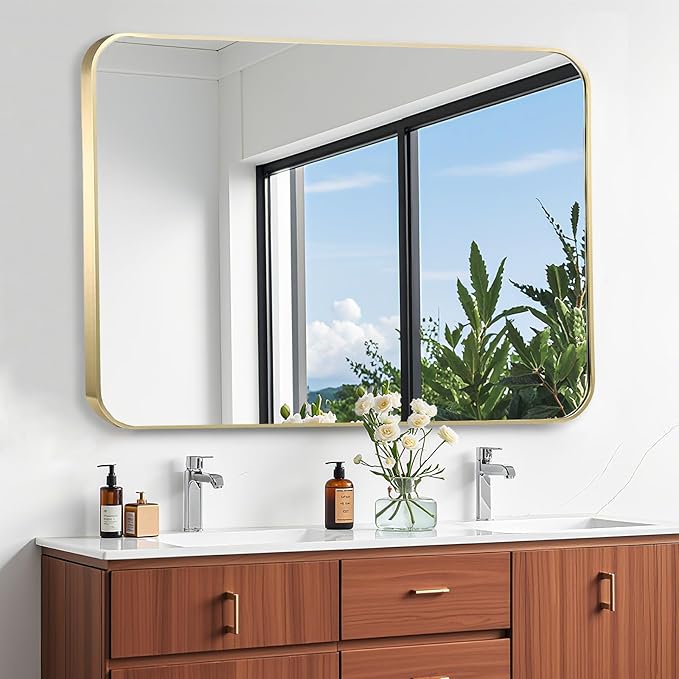 40x30 Inch Gold Bathroom Mirror, Brushed Gold Metal Framed Rectangular Mirror
