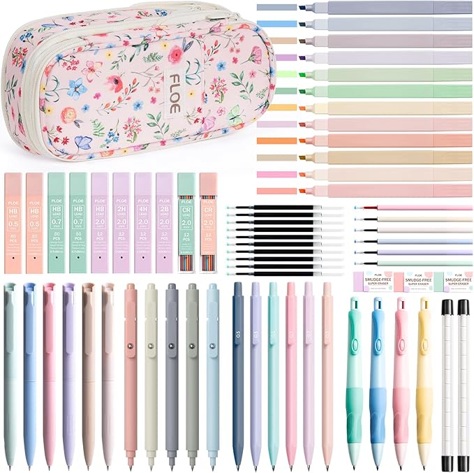 65PCS Aesthetic School Supplies with Cute Pencil Case, Pastel Highlighters Gel Pens Mechanical Pencils Set 0.5 0.7 & 2.0mm, Office Back to School Supplies College Essentials Kit Student Stationary Set