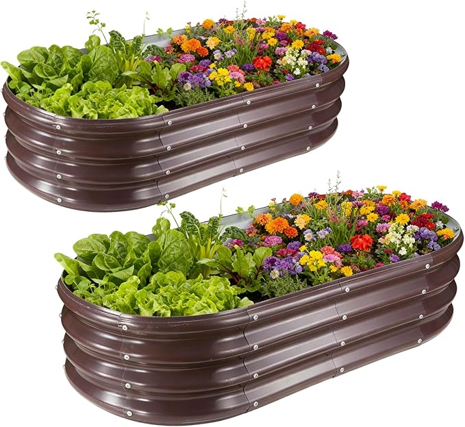 GOOZOO 2PC Galvanized Planter Raised Garden Bed, 4x2x1ft Raised Garden Bed Kit for Gardening Outdoor, Oval Metal Land Planter Box for Vegetables, Fruits, Flowersï¼Brownï¼