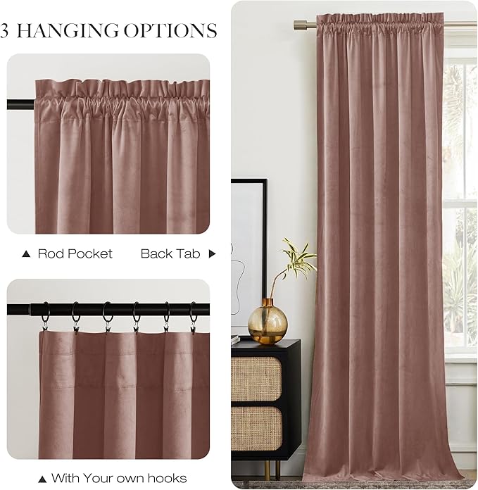 NICETOWN Room Darkening Dusty Pink Velvet Curtains 96 inch Length
