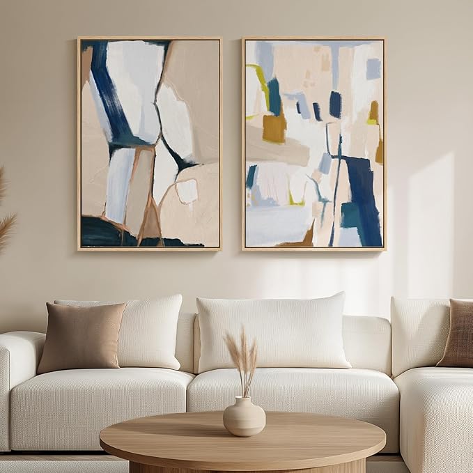 Large Framed Neutral Abstract Wall Art, 2 Piece Beige and Navy Blue Modern