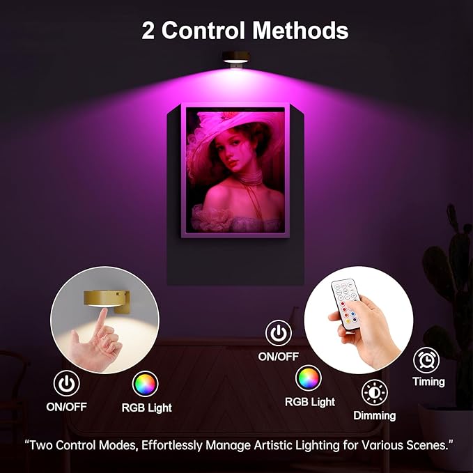 3 Pack Picture Lights for Wall, 13 RGB Color Rechargeable Battery Operated wall