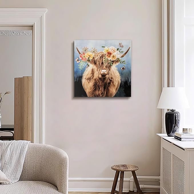 Hand-Painted Highland Cow Canvas Wall Art, Lovely Cow