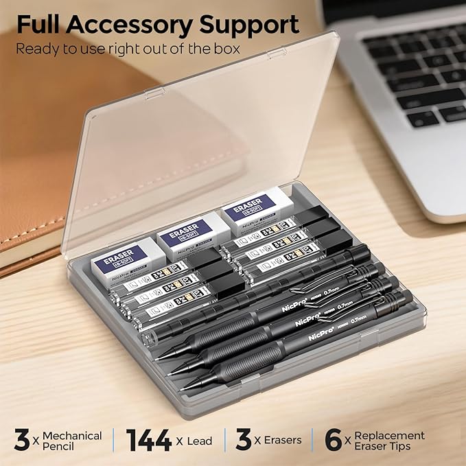 Nicpro 0.7 mm Mechanical Pencil Set with Case, 3PCS HD1000 Mechanical Pencils 0.7 With 6 Tube HB Lead Refills, Eraser, Weatherproof Barrel for Outdoor Writing Drafting Drawing Sketching