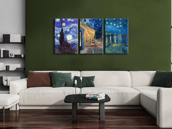 Wieco Art Large 3 Panels Canvas Prints of Vincent Van Gogh Paintings