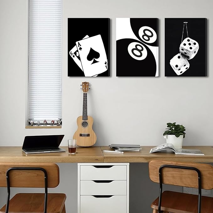 BOKPEN 3Pcs Black and White Poker Dice Canvas Wall Art Lucky You Poster Prints