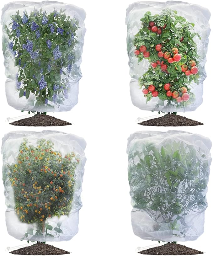 Evoio 4 Pcs Garden Plant Fruit Tree Bird Netting Protection Blueberry Bushes Netting Covers Bags with Drawstring, 4 x 4.6 ft Shrubs Bush Tomato Strawberry Berry Barrier Mesh Cover Net Protector