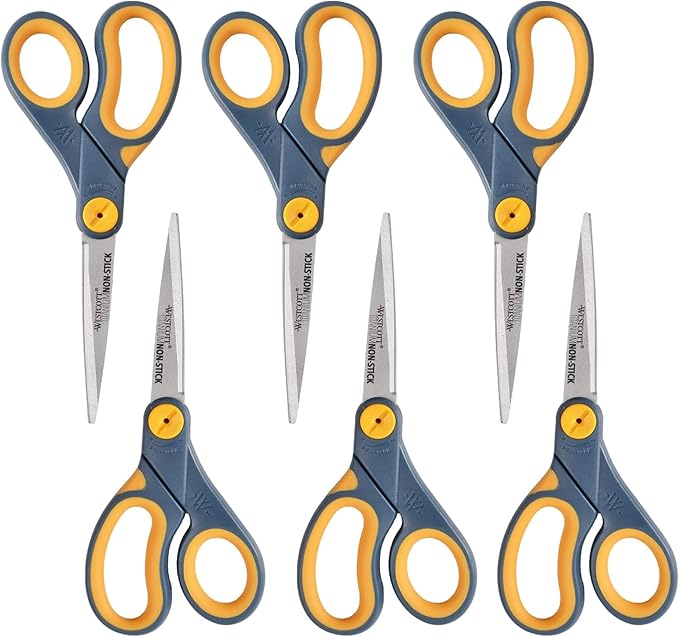 Westcott ‎17597 8-Inch Non-Stick Titanium Scissors For Office and Home, Blue/Gray, 6 Pack