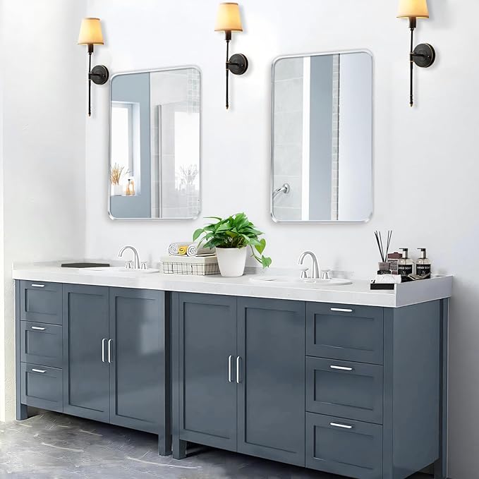Wall Mount Mirror for Bathroom, Brushed Silver Metal Framed Rounded Corner