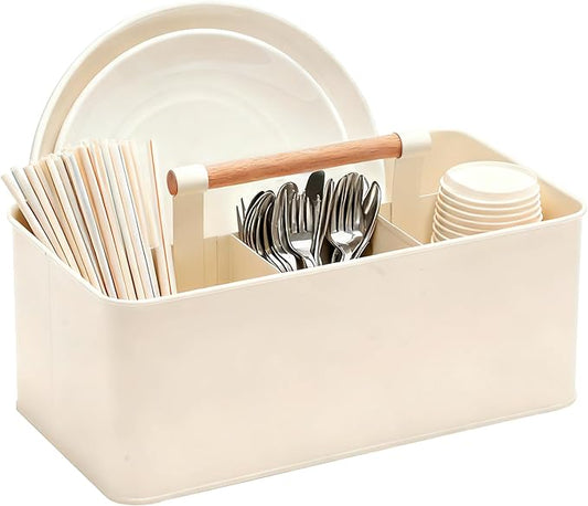 Caddy Organizer with Wooden Handle, Metal Utensil Caddy with 4 Compartments, Picnic Caddy Paper Plate Organizer Utensil Holder for Party