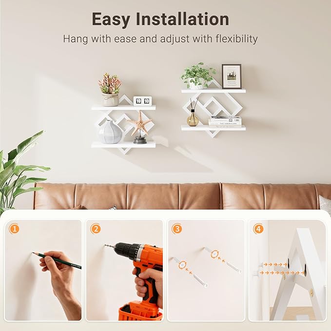 ELYKEN Floating Shelves for Wall, 2-Tier Wall Mounted Storage Shelves for Books