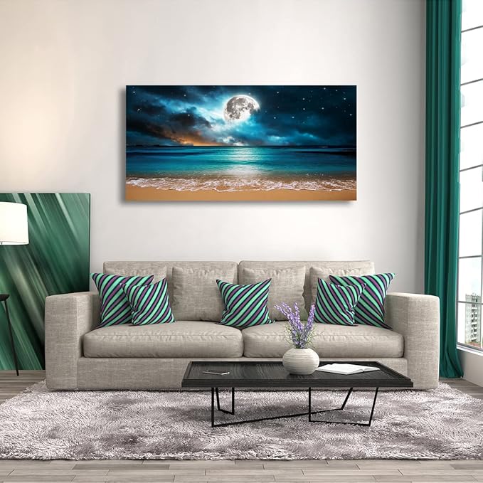 Beach Wall Art Canvas Prints Moon Ocean Landscape Picture Home Decor Natural Seascape Paintings for Living room Bathroom Bedroom Office Kitchen Decorations Modern Artwork Wood Framed 20x40inches