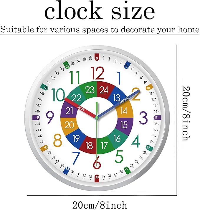 XFM Learning Clock for Kids Silent Non Ticking Battery Operated Colorful