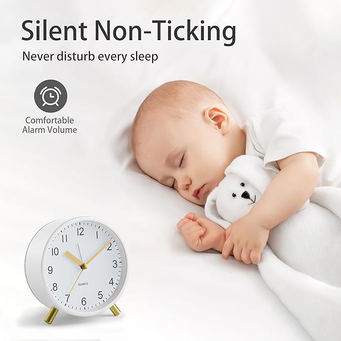 Analog Alarm Clock, 4 inch Super Silent Non Ticking Small Clock with Night Light, Battery Operated, Simple Design, easy setting for Office, Bedroom, Bedside, Desk, teens, elders, kids, adult, White