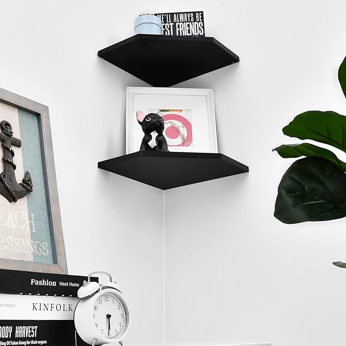 WELLAND 12-Inch Black Floating Corner Shelves Set of 2, Wall Mounted Storage