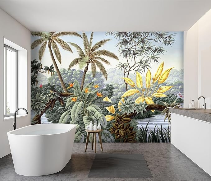 -Tropical Botanical Palm Leaf Fabric Wallpaper Living Room Bedroom Bathroom