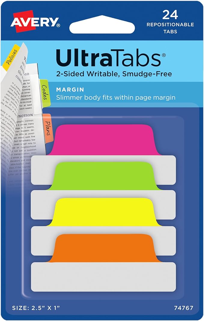 Avery Margin Ultra Tabs, 2.5" x 1", 2-Side Writable, Neon Colors, 24 Repositionable Tabs, 72 Packs (74767)