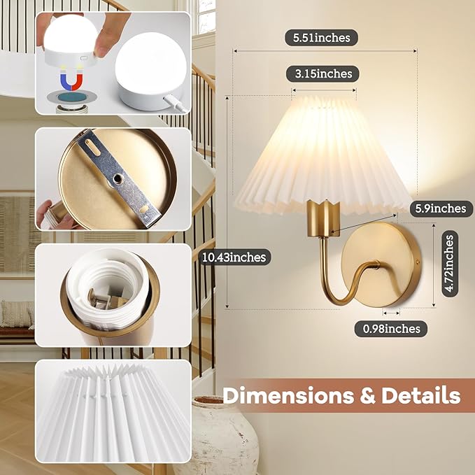 Wireless Wall Sconce Sets of 2, Pleated Shades Rechargeable Battery Operated