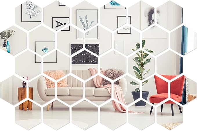 Shappy 32 Pcs Hexagon Mirror Wall Stickers Removable Silver Acrylic Mirror