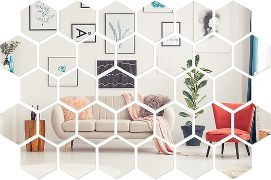 Shappy 32 Pcs Hexagon Mirror Wall Stickers Removable Silver Acrylic Mirror