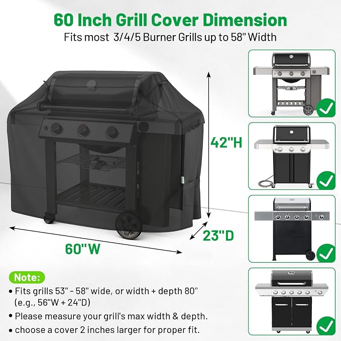 Grill Cover 60 Inch, Arborlily BBQ Grill Cover for Outdoor Grill, Heavy Duty Waterproof Gas Barbecue Grill Cover for Weber, Char-Broil, Nexgrill, Black