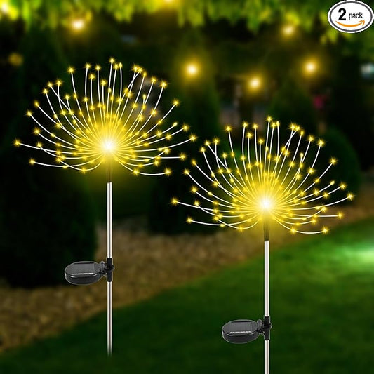 Slyuexu Solar Garden Lights Outdoor Waterproof, 2 Pack 120 LED Solar Firework Lights Decorative Garden DÃ©cor Outside for Flowerbed Pathway Party Christmas Decoration, Warm White