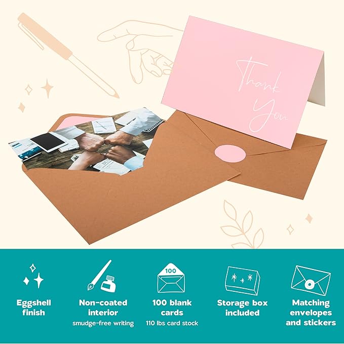 VNS Creations Thank You Cards With Envelopes Bulk Set & Stickers - 100 Pack 4x6 Blank Thank You Notes Bulk Box Set - Large Note Card Small Business, Wedding, Baby Shower & Bridal Shower - Pink
