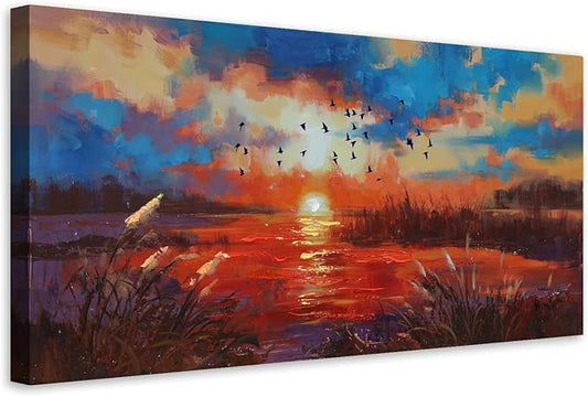 Anolyfi Sunset Wall Art for Living Room, Reed Lake Wall Decor Red Artwork for