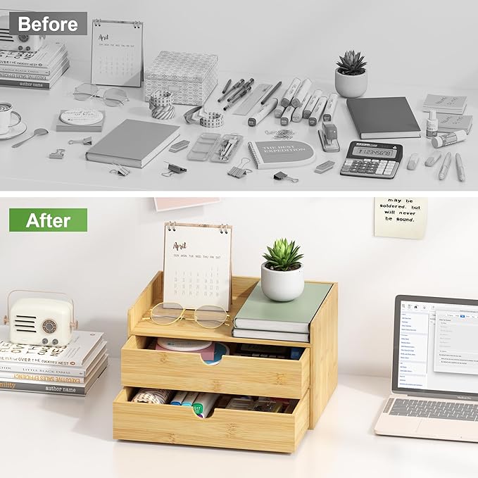 Bamboo Desk Organizer with Drawers Desktop Storage Drawers for Bills Office Supplies Kitchen Utensils Organizing Tool for Home Classroom Organization No Assembly (Nature 2 Drawer)