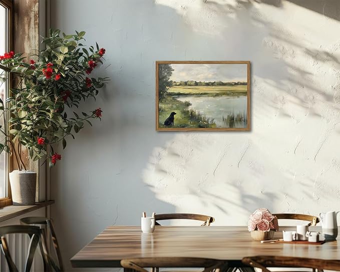Framed Vintage Hunting Black Dog Wall Art, Rustic Country Nature Landscape