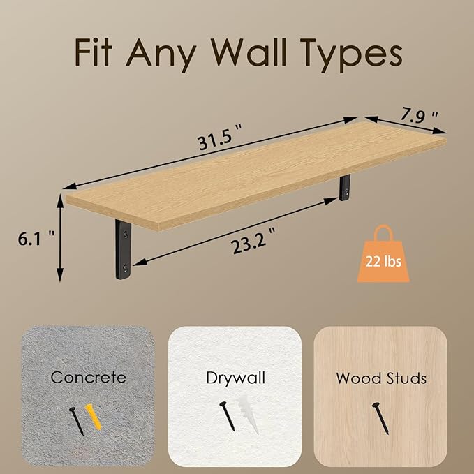DINZI LVJ Long Wall Shelves, 31.5 Inch Wall Mounted Shelves Set of 2,