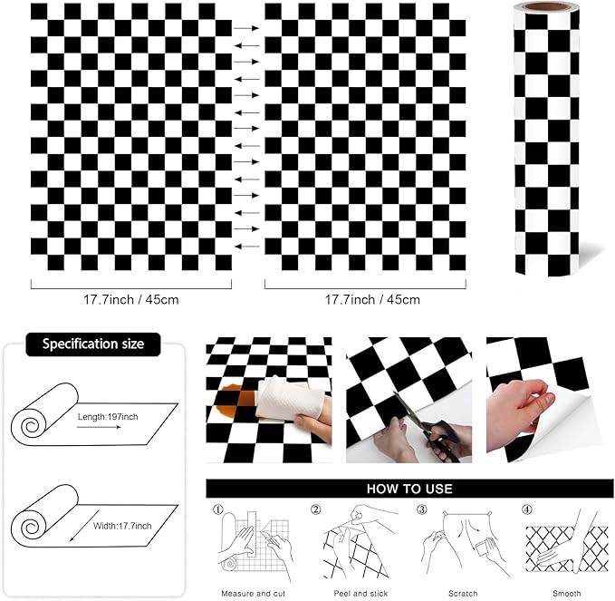 Modern Peel and Stick Wallpaper Black and White Mosaic Checkered Contact Paper