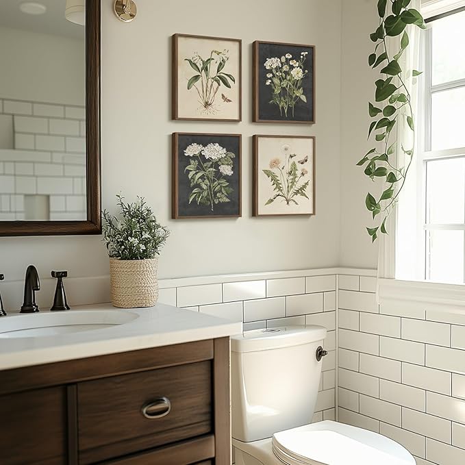 Framed Botanical Wall Art, 4 Piece Vintage Farmhouse Floral Canvas Painting