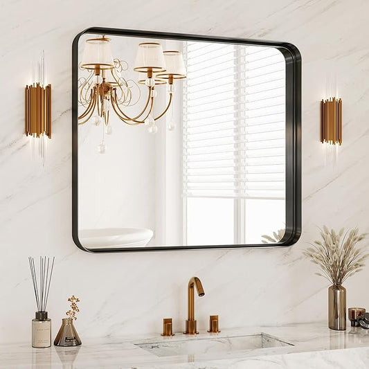 28x32 Inch Black Metal Framed Bathroom Mirror