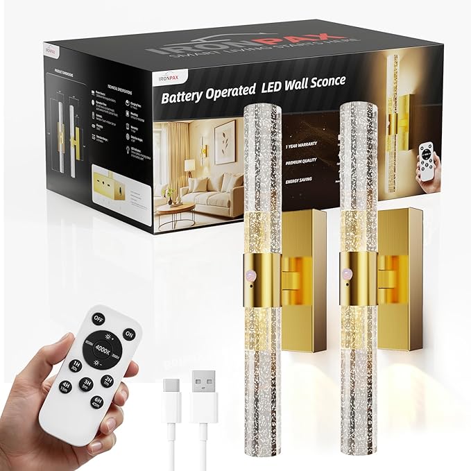 IRONPAX Wall Sconces Battery Operated Set of 2, Wireless Rechargeable Wall