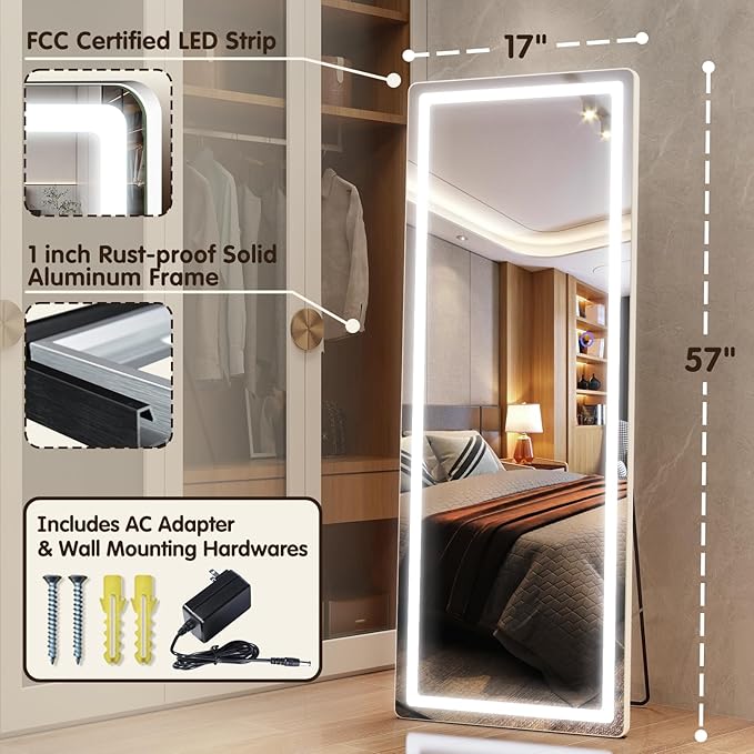 FENNIO Full Length Mirror with Lights, Free Standing Lighted Floor Mirror