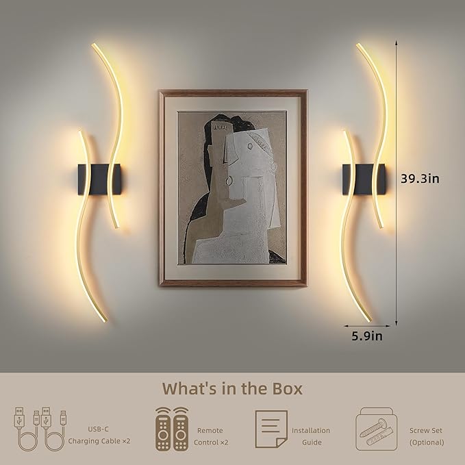 Battery Operated Wall Sconce Set of 2, Dimmable Modern LED Rechargeable Wall