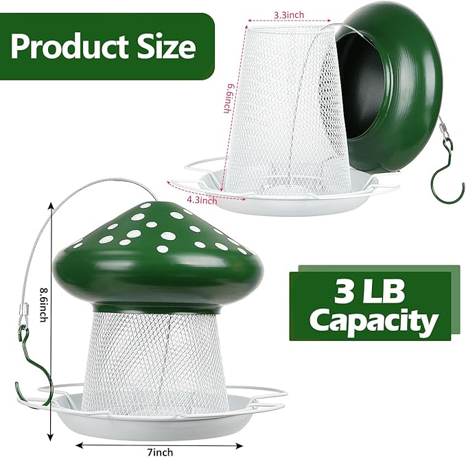 Bird Feeder, Heavy Duty Metal Bird Feeders for Outdoor Hanging, Cute Mushroom Shape Wild Birdfeeder for Outside Garden Yard (Green)