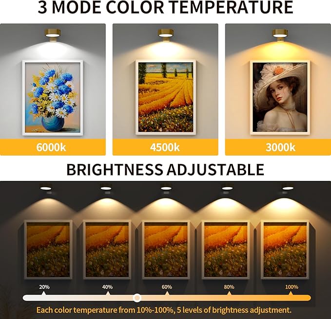 3 Pack Picture Lights for Wall, Rechargeable Battery Operated wall lights