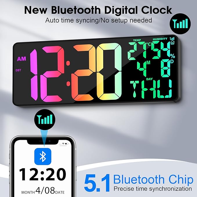 11 RGB Color Changes Large Digital Wall Clock/Bluetooth Auto Time Sync