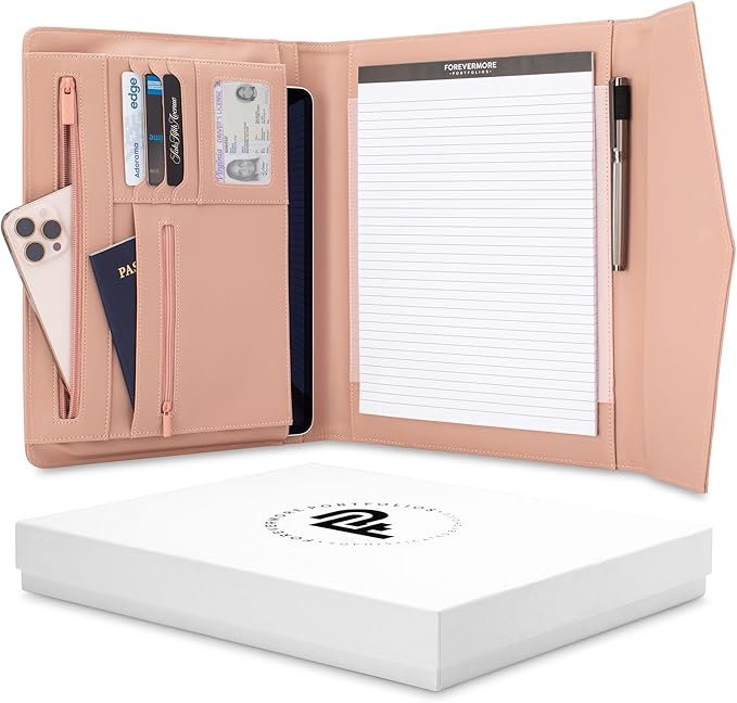 FOREVERMORE PORTFOLIOS Padfolio Binder Organizer for Women | Faux Leather Portfolio Folder for Resume, Documents, Notebook, Tablet and Business Cards | Notepad Included - Pink