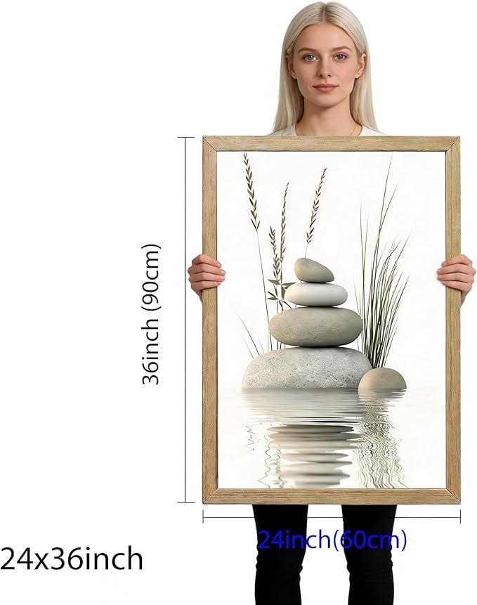 Wooden Frame Zen Stone Canvas Wall Art, Stacked Stones in Water Poster Print.