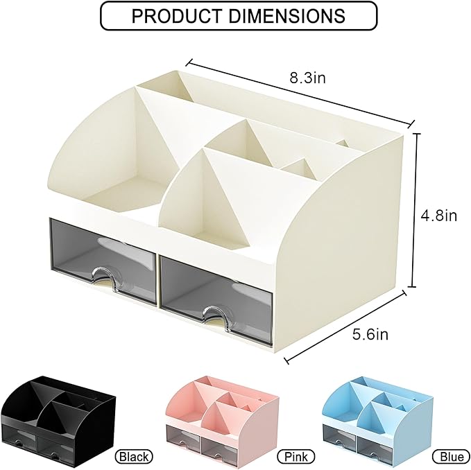 Desk Organizer with 6 Compartments and 2 Drawers, Plastic Makeup Organizer, Pen Holder for Desktop Storage, Desk Organization for School, Home, Office Supplies (Ivory)